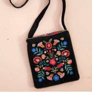 Natural Life Embroidered Corduroy Crossbody - Black Folk Flower